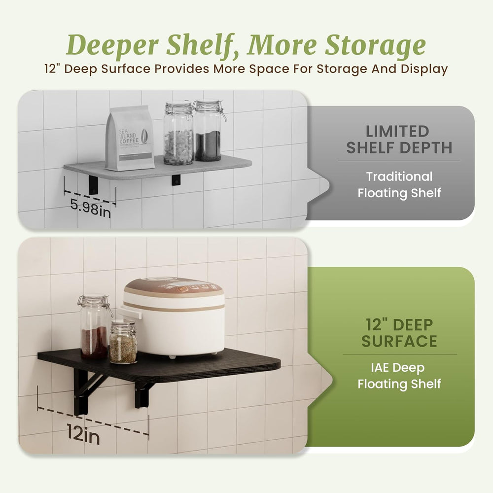 IAE 16 Inch Fold Black Floating Wall Shelves,12 Inch Deep Wood Wall Shelf