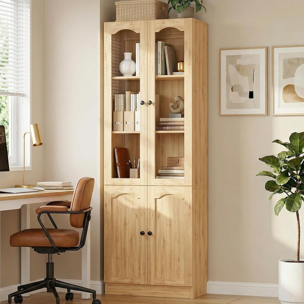 Cyclysio 80"H Bookcase with Arched Glass Door, Adjustable Shelf,Natural Oak