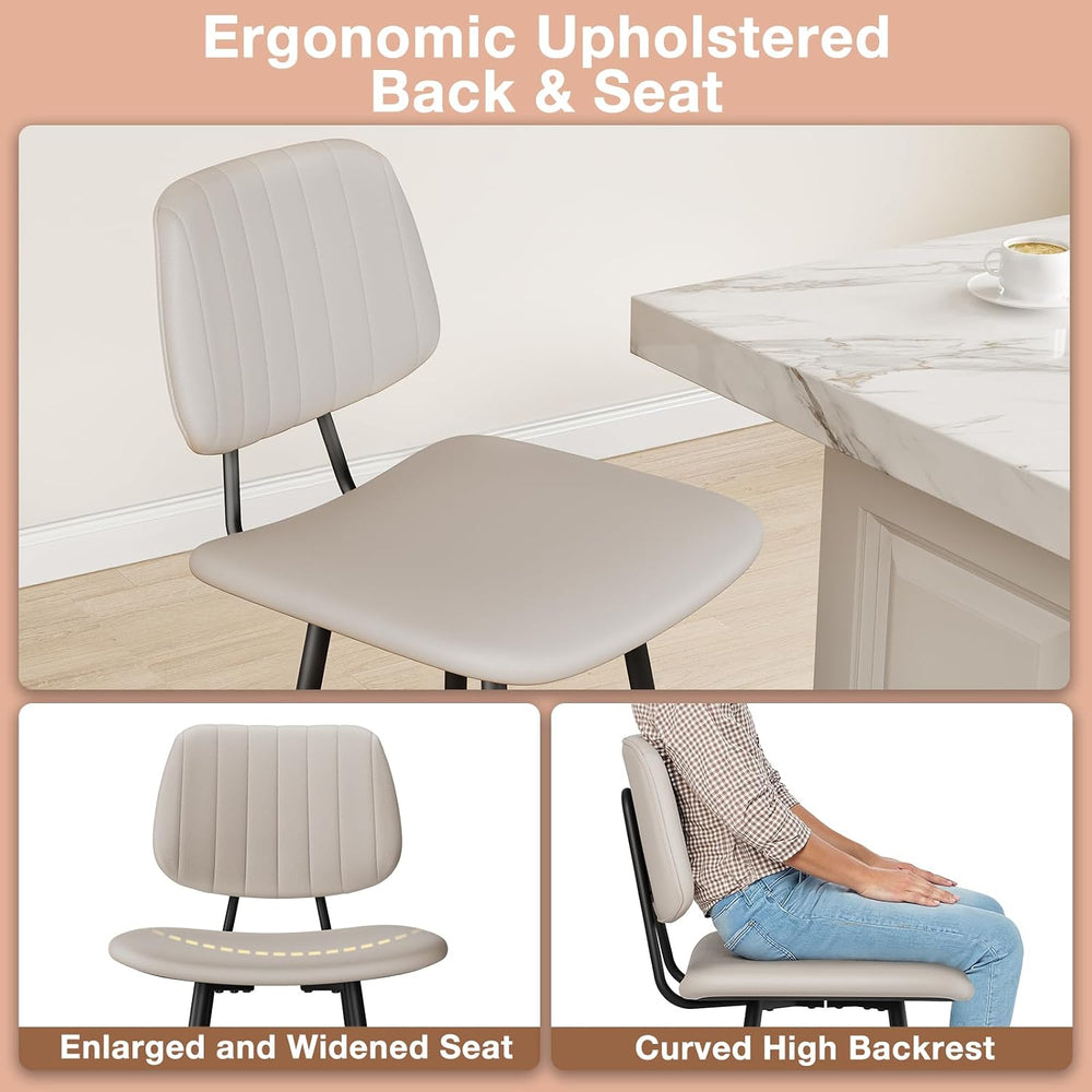 Raynesys 24-Inch Leather Bar Stools Set of 3 with High Backrest, Beige