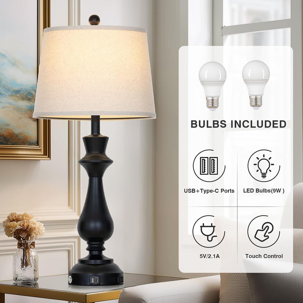Modern Black Table Lamps Set of 2 for Living Room,30" Tall Bedside Lamp ...