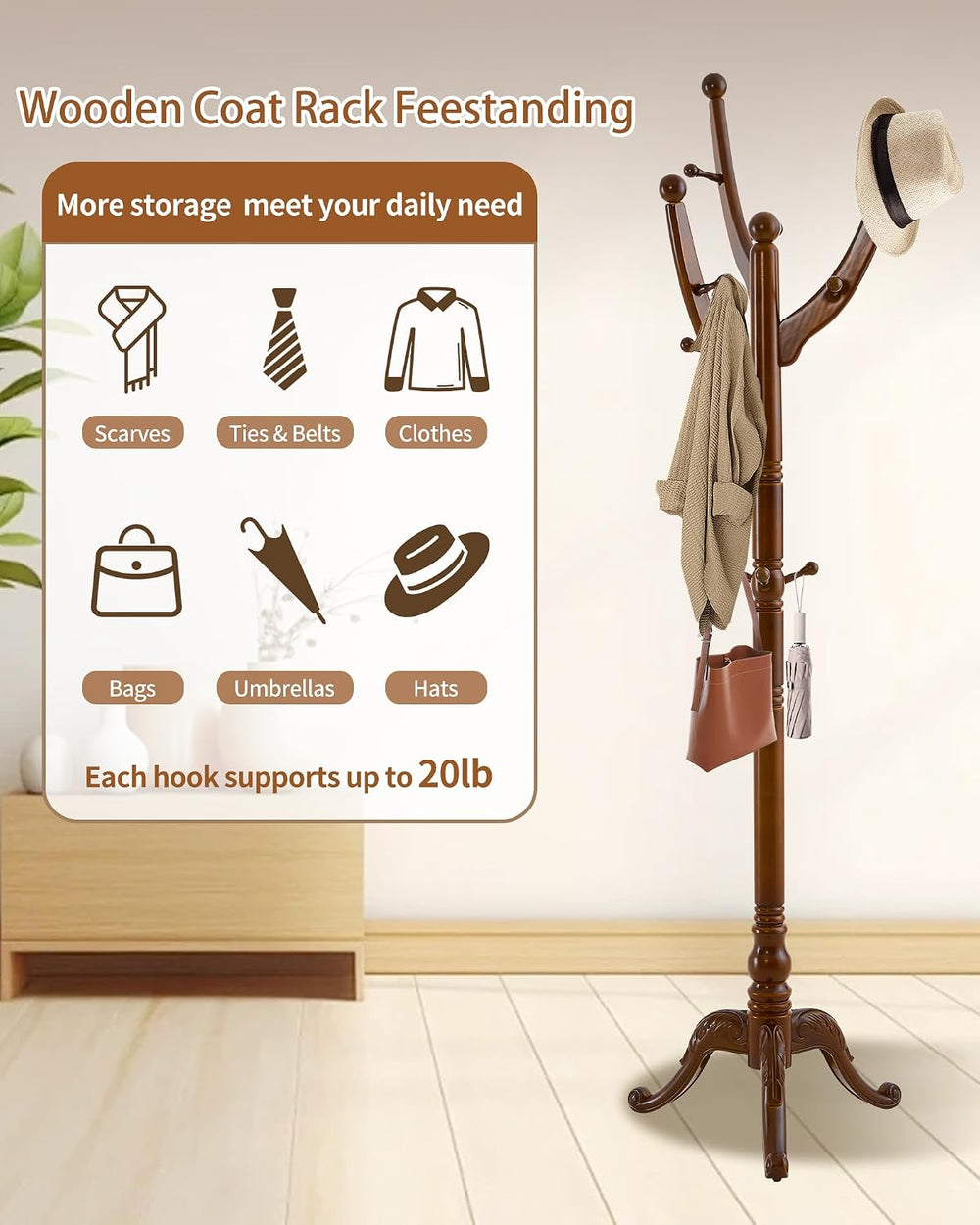Coat Rack Freestanding,Solid Wood Coat Hall Tree with 13 Hooks