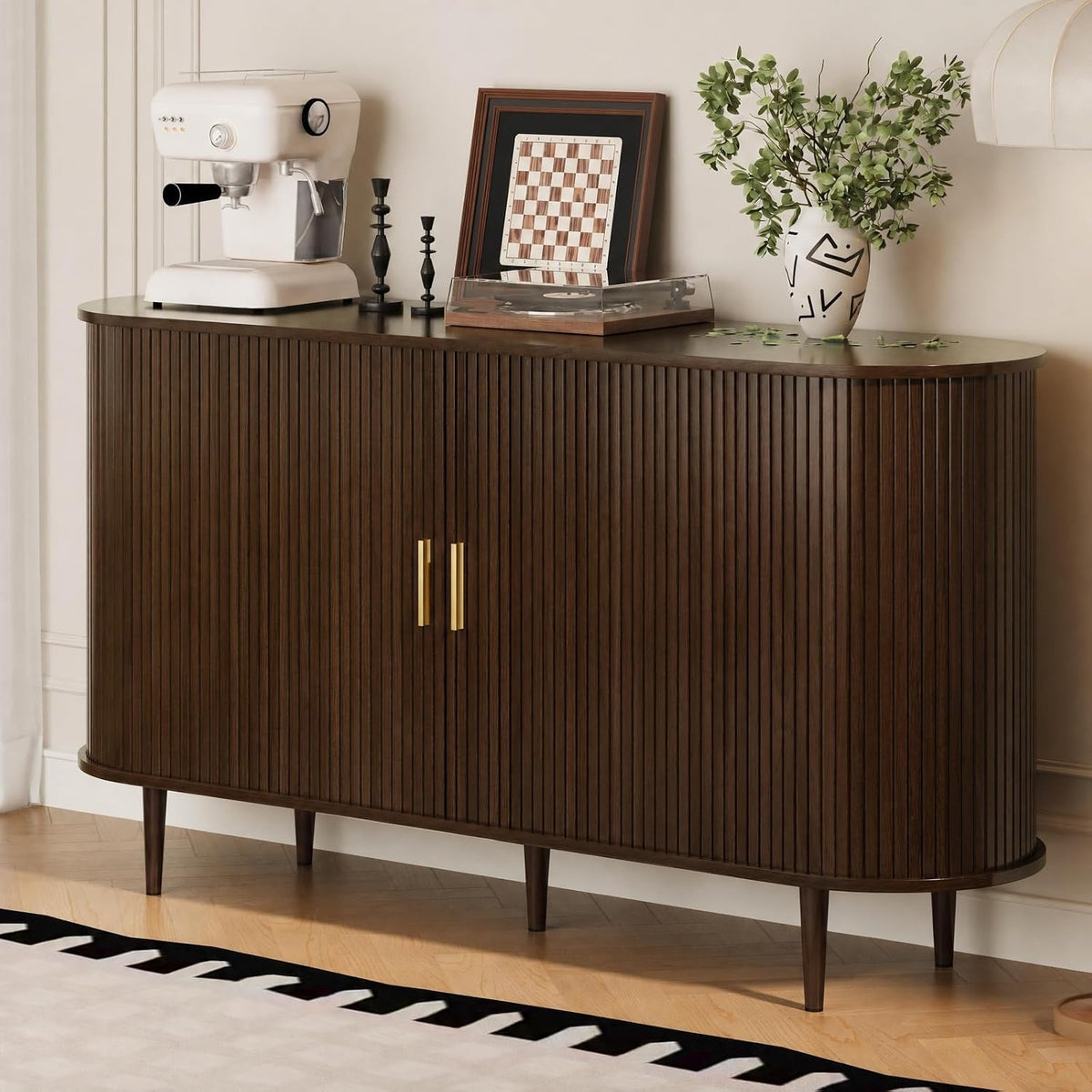 DHH Sideboard Buffet Cabinet with Storage,Mid Century Modern Fluted Accent Coffee Bar Console Table,Tambour Sliding Doors& Adjustable Shelf for Kitchen, Living Room, Entryway(Walnut,55 Inch)