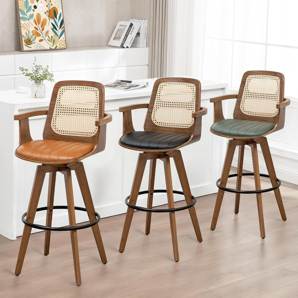 WUPOTO Mid Century Modern Bar Stools with Rattan Back