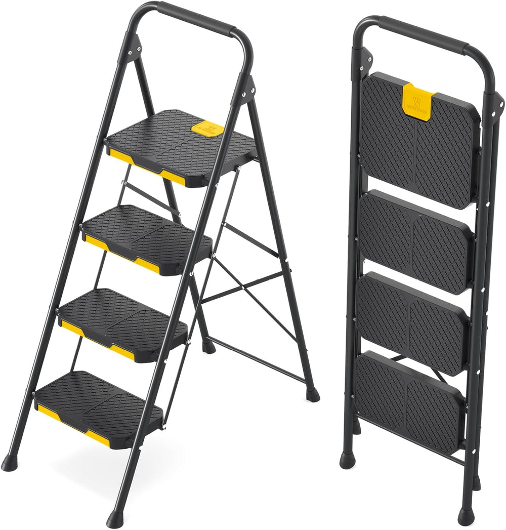 KINGRACK 4 Step Ladder, Steel Step Stool with Safe-Lock, Load 800lbs, Black