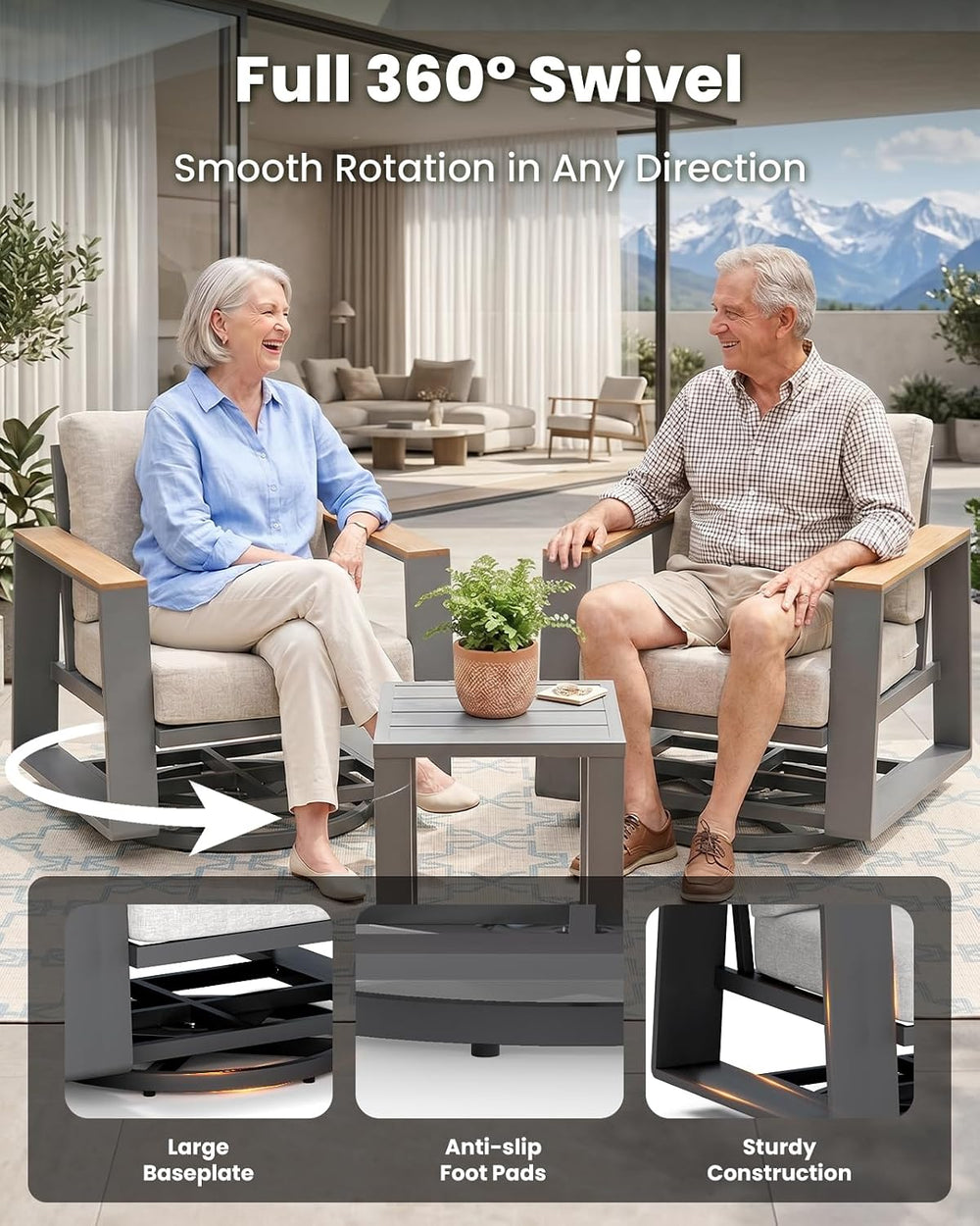 Outdoor Swivel Patio Chairs Set of 3, Aluminum Large 3-Piece Outdoor Patio Co...
