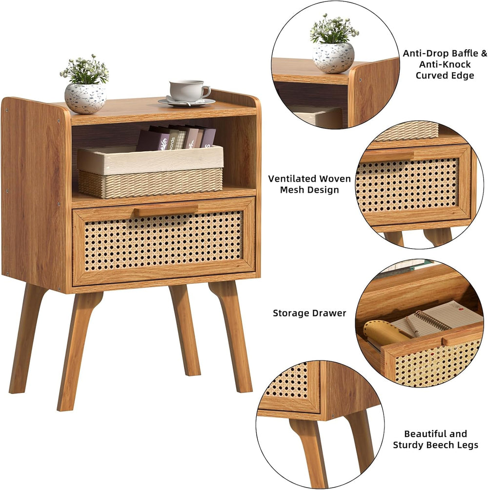 Lerliuo Rattan Nightstand, Side Table with Drawer Open Shelf