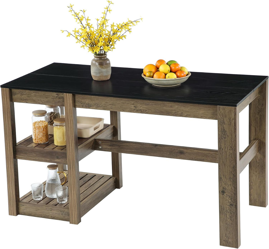 Tribesigns 55" Kitchen Island with Storage Shelves, Rustic Brown and Black | Farmhouse Wood Stationary Island Table for Dining/Living Room, Kitchen, 2-Tier, Spacious Countertop, Easy to Assemble