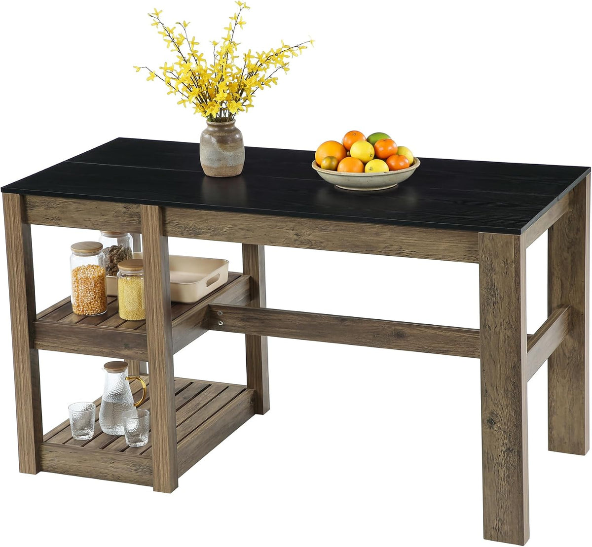 Tribesigns 55" Kitchen Island with Storage Shelves, Rustic Brown and Black | Farmhouse Wood Stationary Island Table for Dining/Living Room, Kitchen, 2-Tier, Spacious Countertop, Easy to Assemble