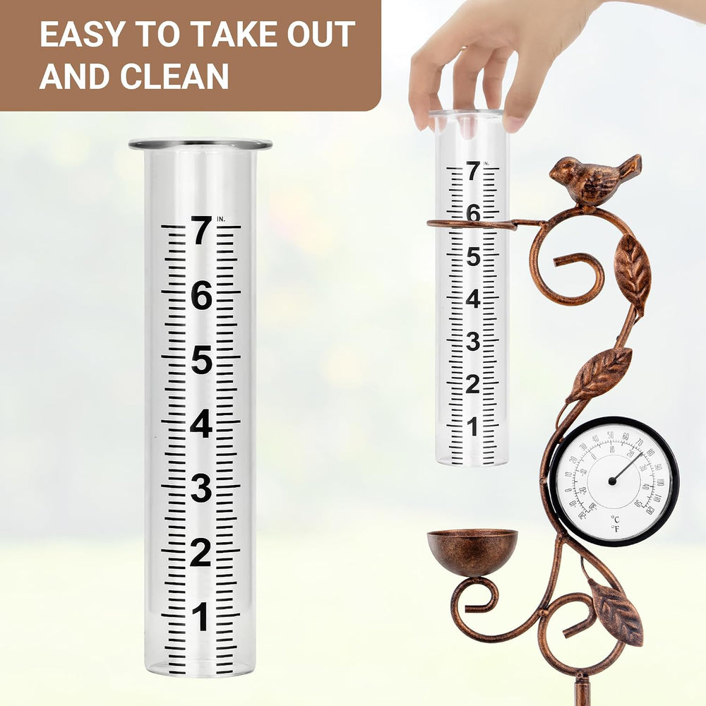 36in Bird Rain Gauge Thermometer Bronze Metal Garden Stake Decor