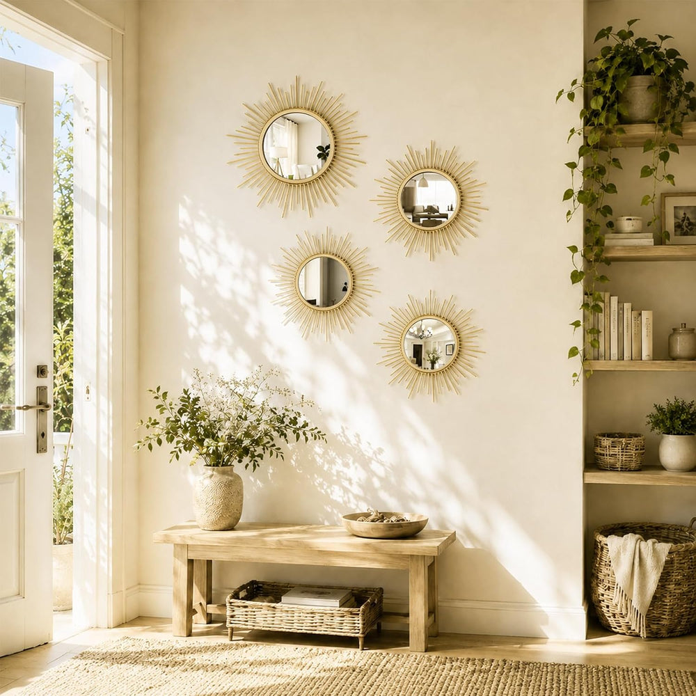 4 Pieces Gold Sunburst Wall Mirror Set Modern Metal Circles for Home Decor