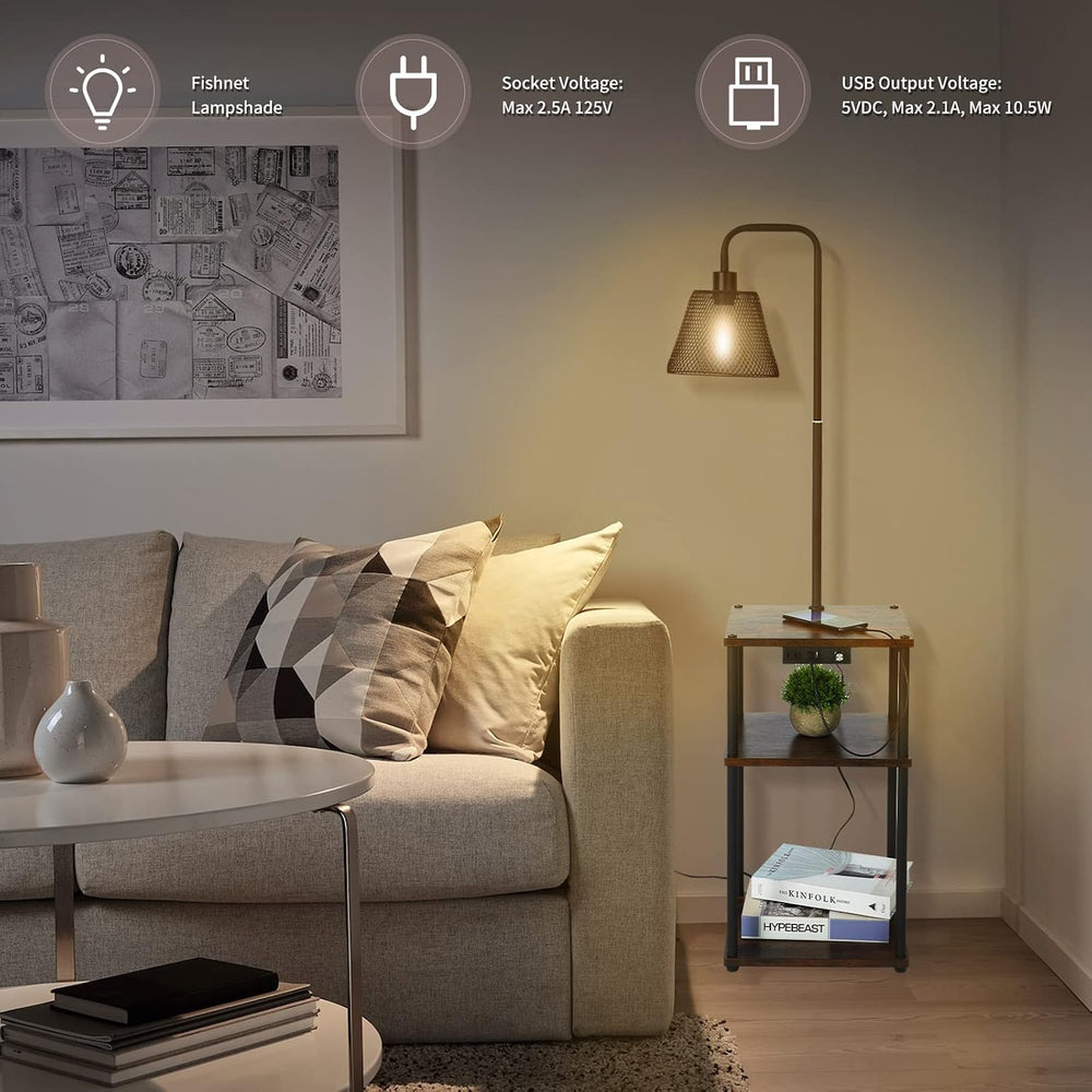 Floor Lamp with Table and Shelves, Side Table with USB Charging Port and Outl...