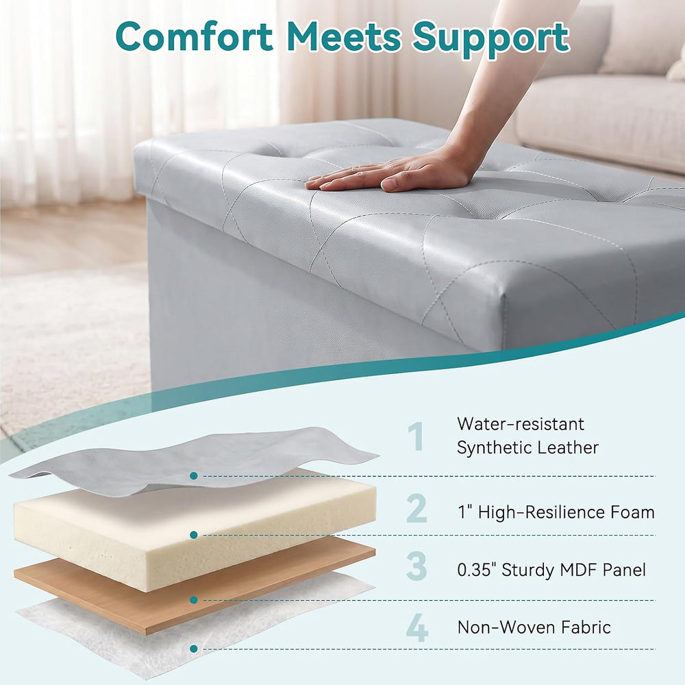 OLIXIS 43 Inch Foldable Storage Ottoman Bench, Leather Ottoman with Storage