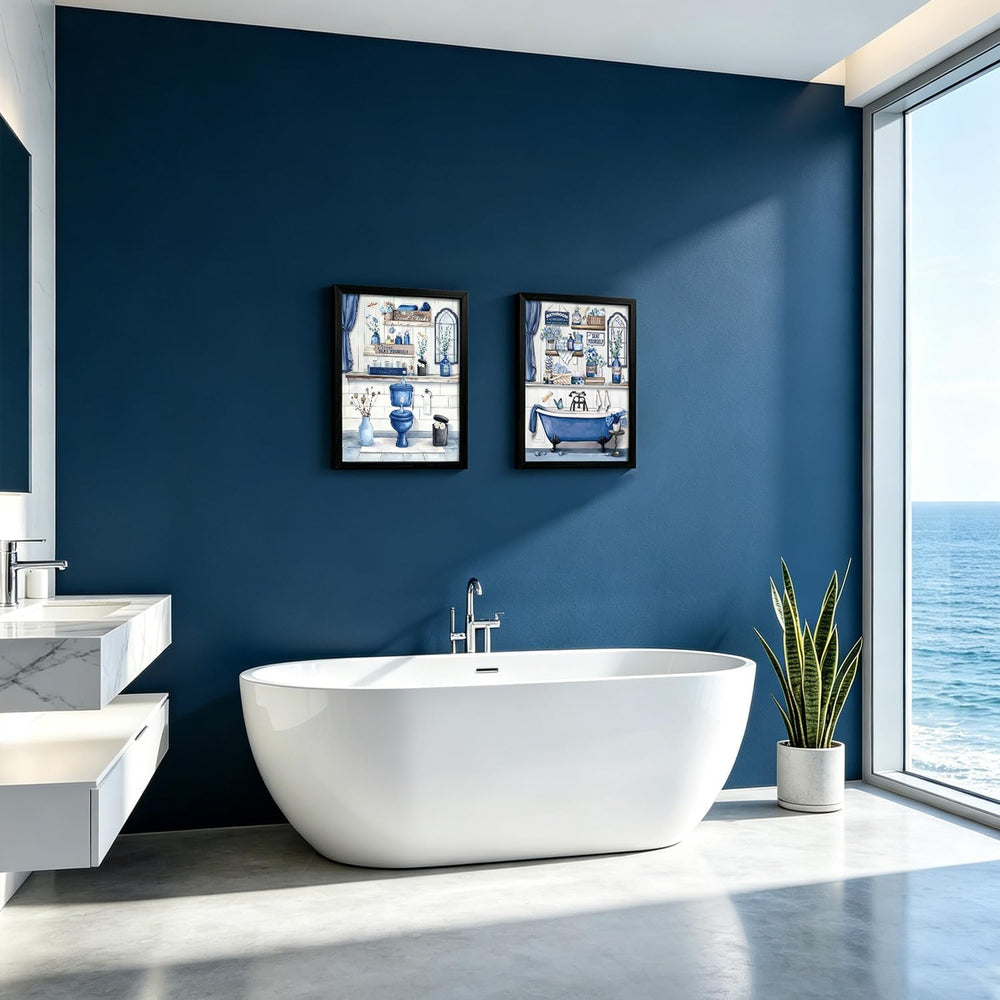 LDXCJXOR Blue Farmhouse Bathroom Wall Art, 2-Piece Black Framed Canvas Painti...