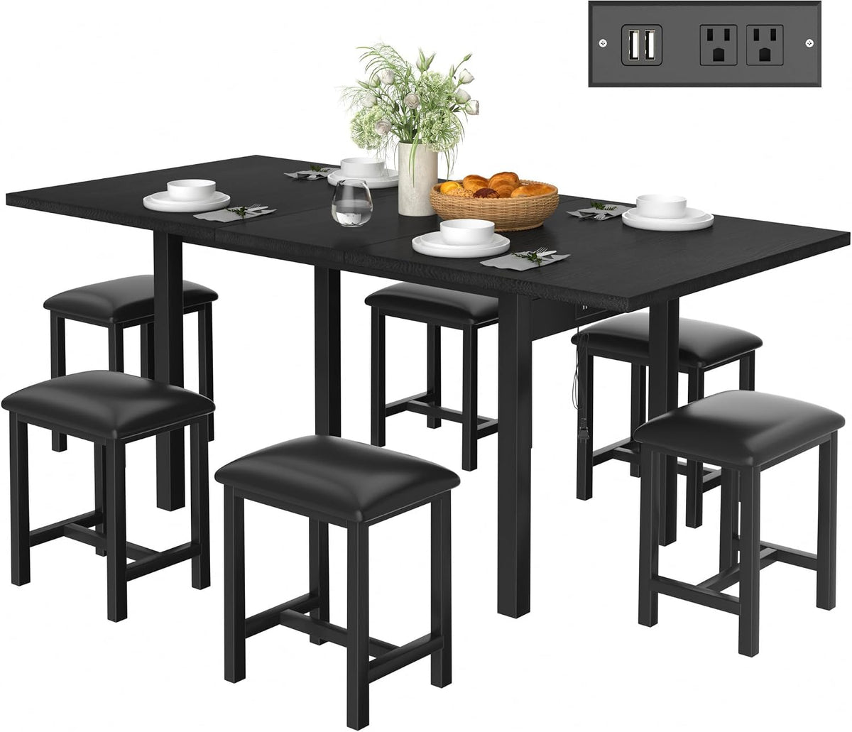 VECELO 7-Piece Dining Table Set with 6 Square PU Stools, 63" Expandable Kitchen Table with USB Charging and Metal Frame, Modern Wooden Dining Table for 2-6, Space-Saving, Easy Assembly, Black