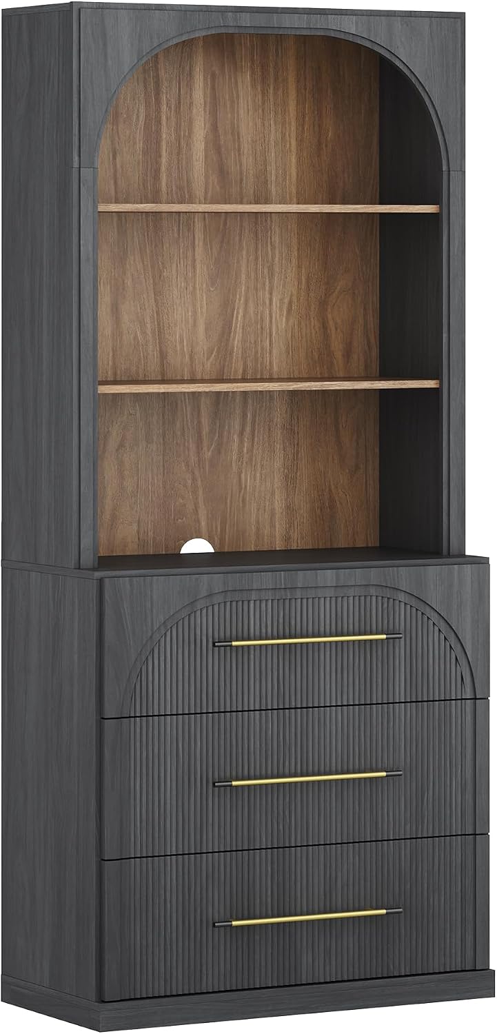 BELLEZE Display Storage Cabinet with Hutch, 72" Tall Wood Modern Bookshe...