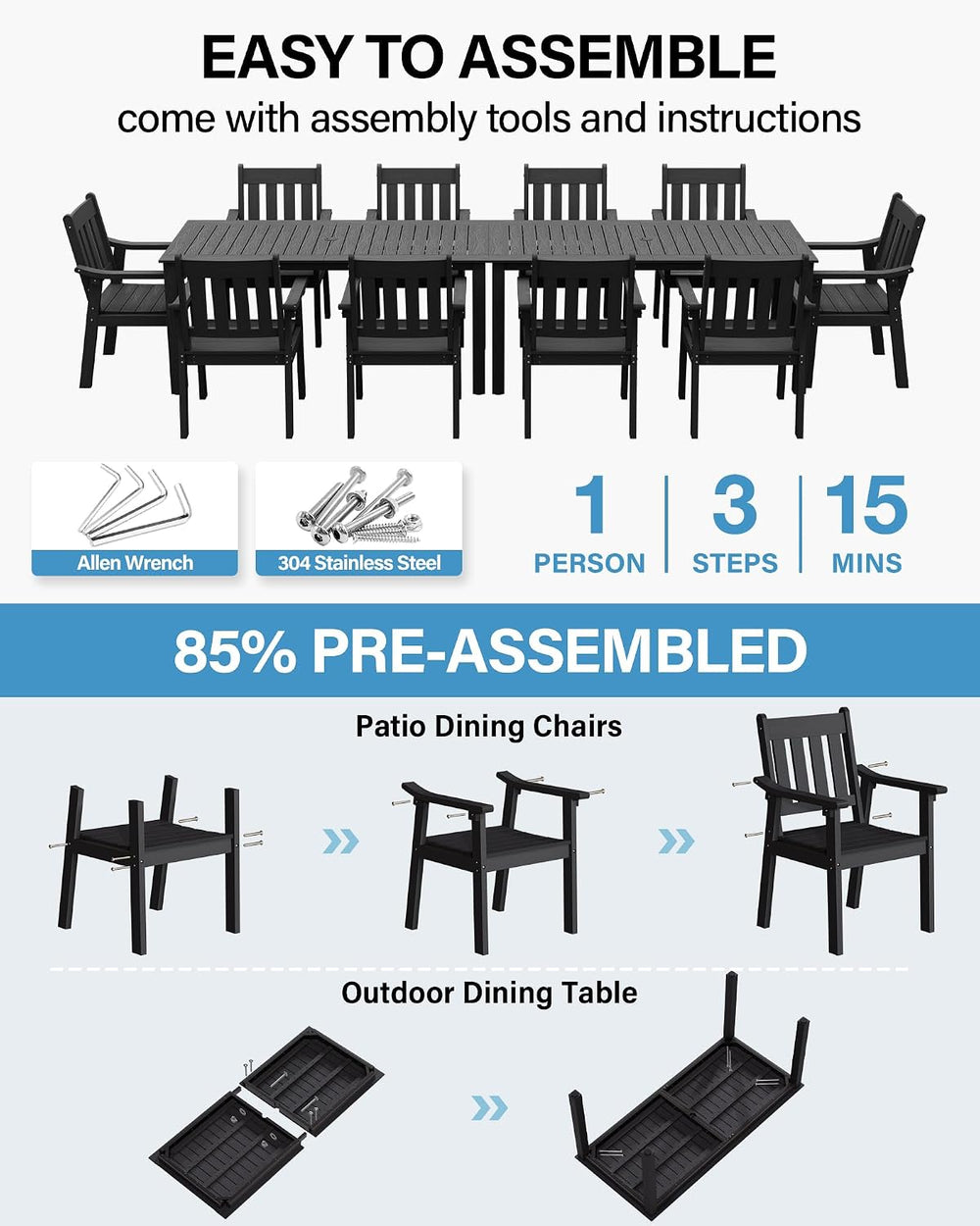 YEFU Outdoor Dining Set for 10, All-Weather HIPS, Aluminum Frame, Black