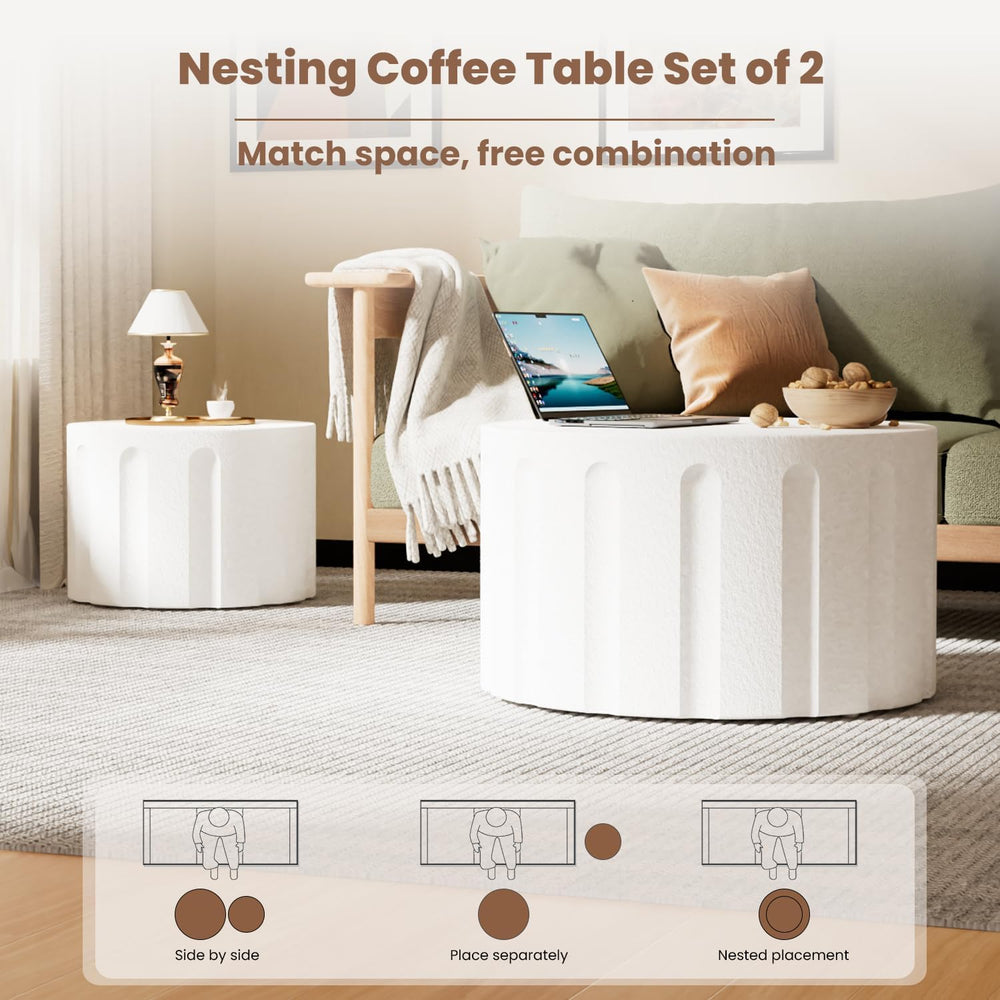 WXFKLDJ Fluted Round Nesting Coffee Table Set of 2, White B, 26.77"+19.6...