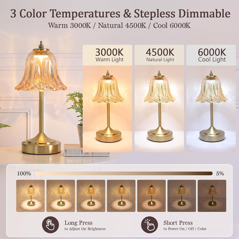 Cordless Table Lamp, Rechargeable Amber Glass Tulip Flower Touch Lamp
