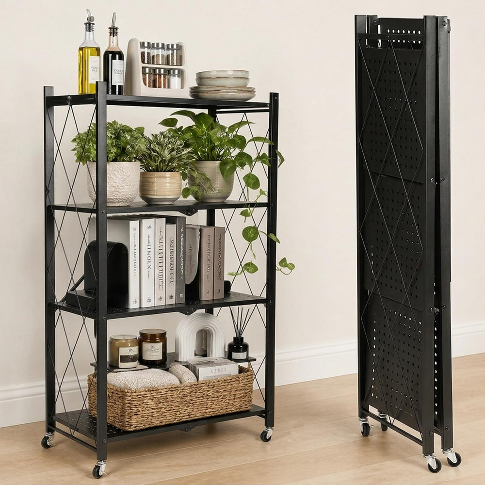 4-Tier Foldable Storage Shelf with Locking Wheels – 200+ lb Capacity Rolling ...