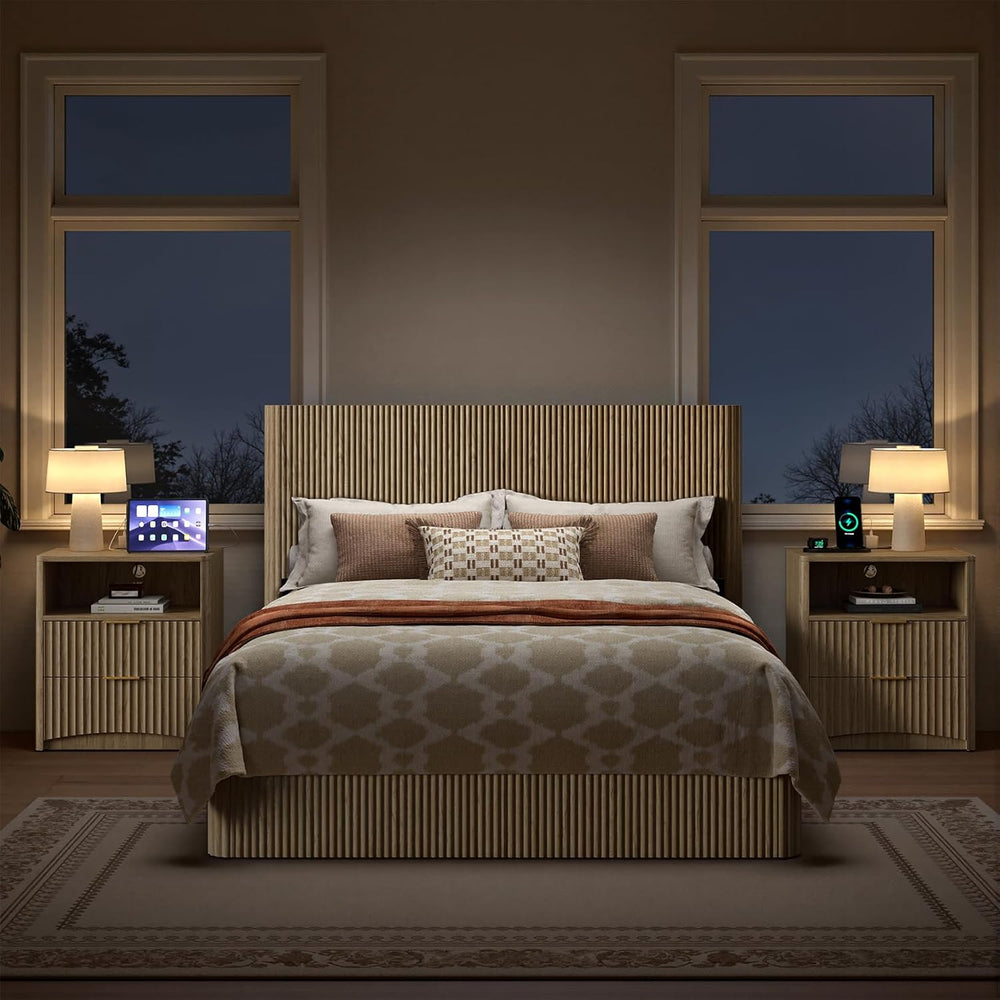 Evermagin Queen Bedroom Set, Storage Bed Frame & Charging Nightstands, Oak