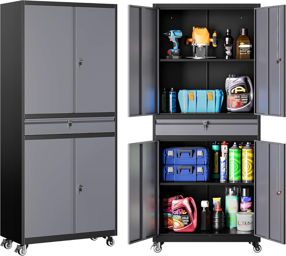 Metal Garage Storage Cabinet with Wheels and Drawer,Gray Rolling Garage Cabin...