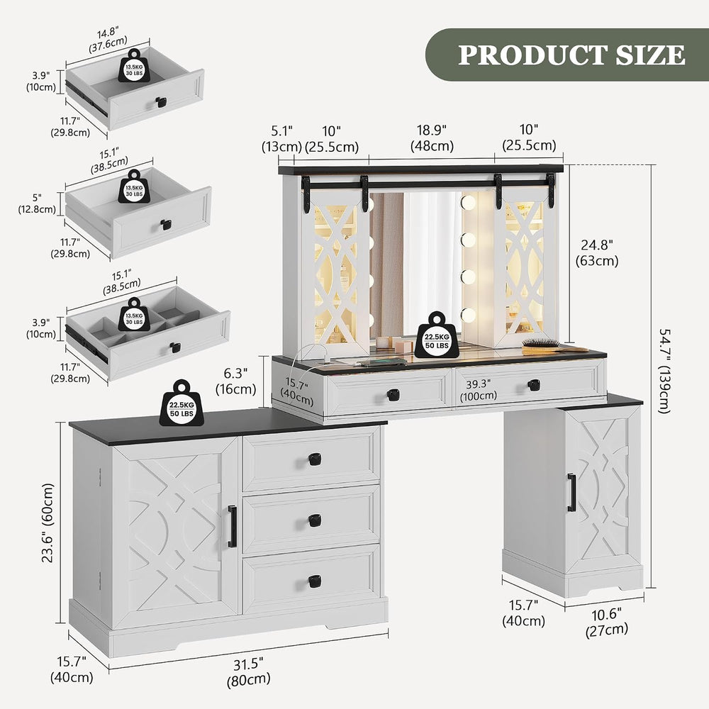 TAGELIER Farmhouse Large Makeup Vanity with Mirror & Lights
