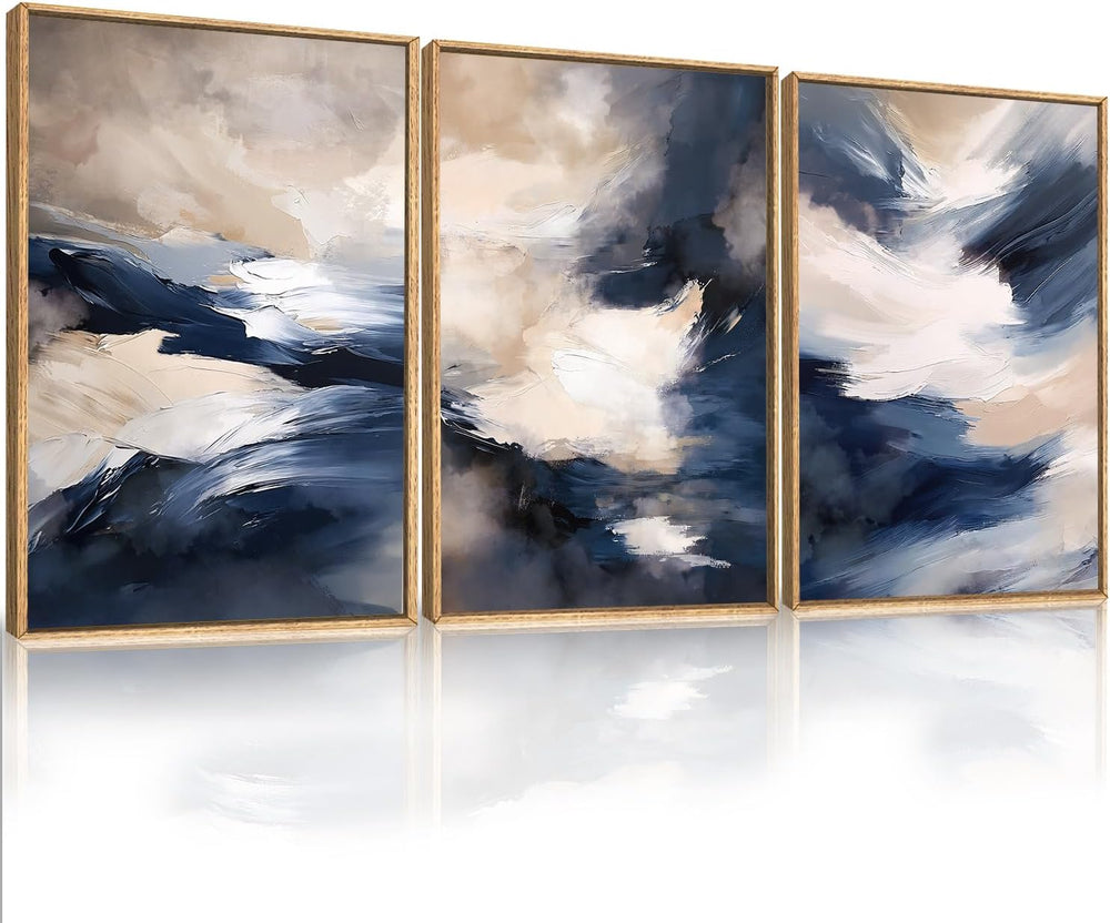 HLNIUC Blue Beige Abstract Wall Art Set of 3(16x24), Navy Brush Stroke Modern...