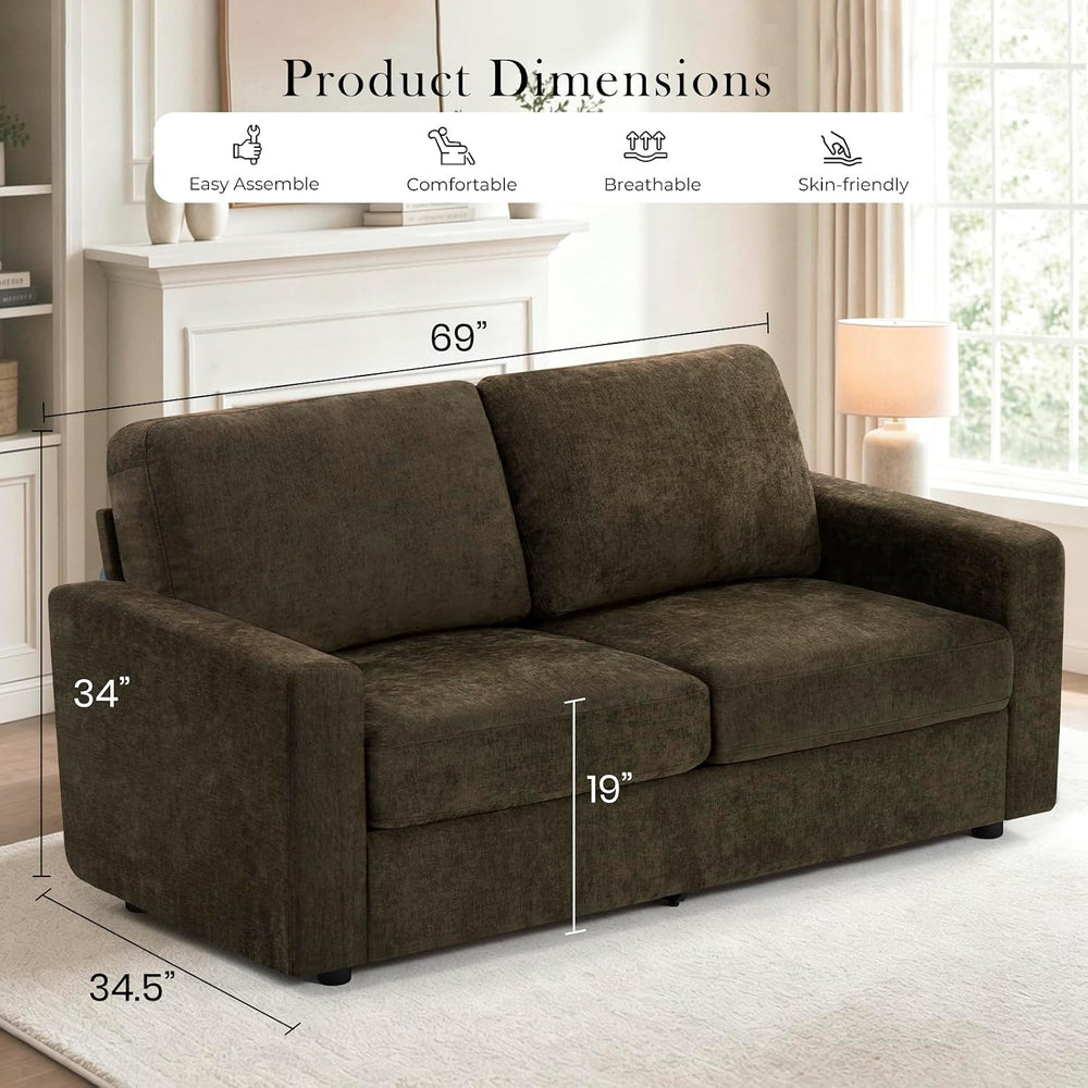 2 Pieces Chenille Sofa Sets w/Comfortable Back Cushions, Brown