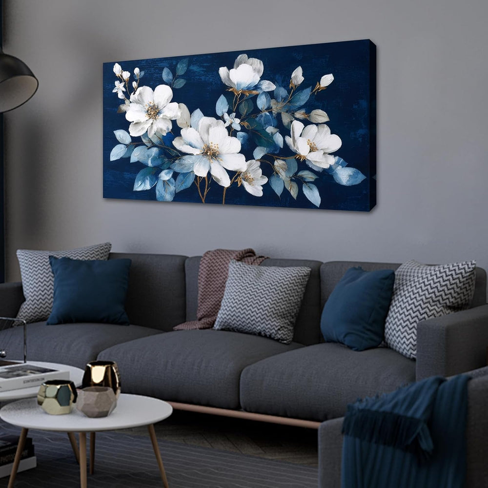 JLXART Framed Large Flower Canvas Wall Art Modern White Floral with Blue Back...