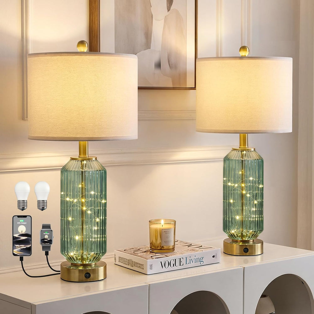 Oneach 24.5" Bedside Table Lamps Set of 2, Green Glass Nightstand Lamps ...