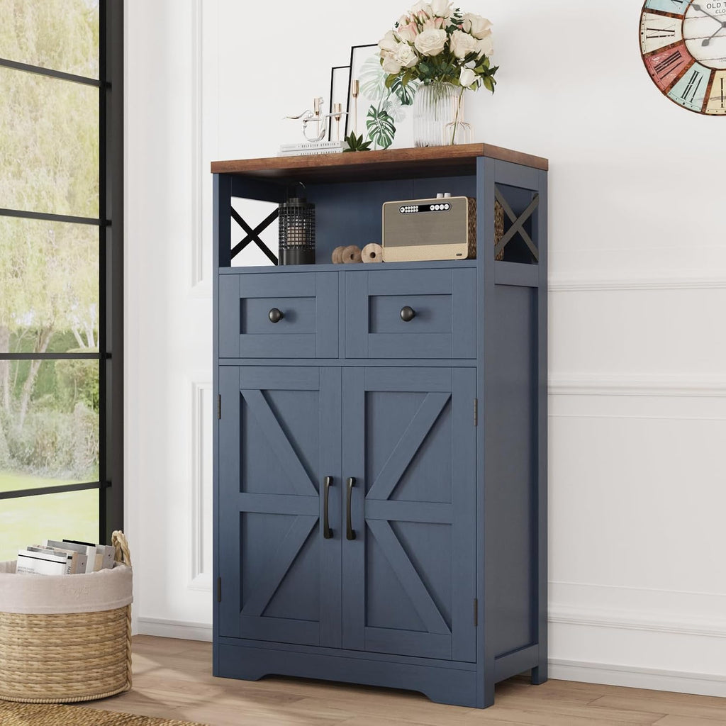 Farmhouse Storage Cabinet with Drawers, Small Kitchen Pantry Cabinet, Blue