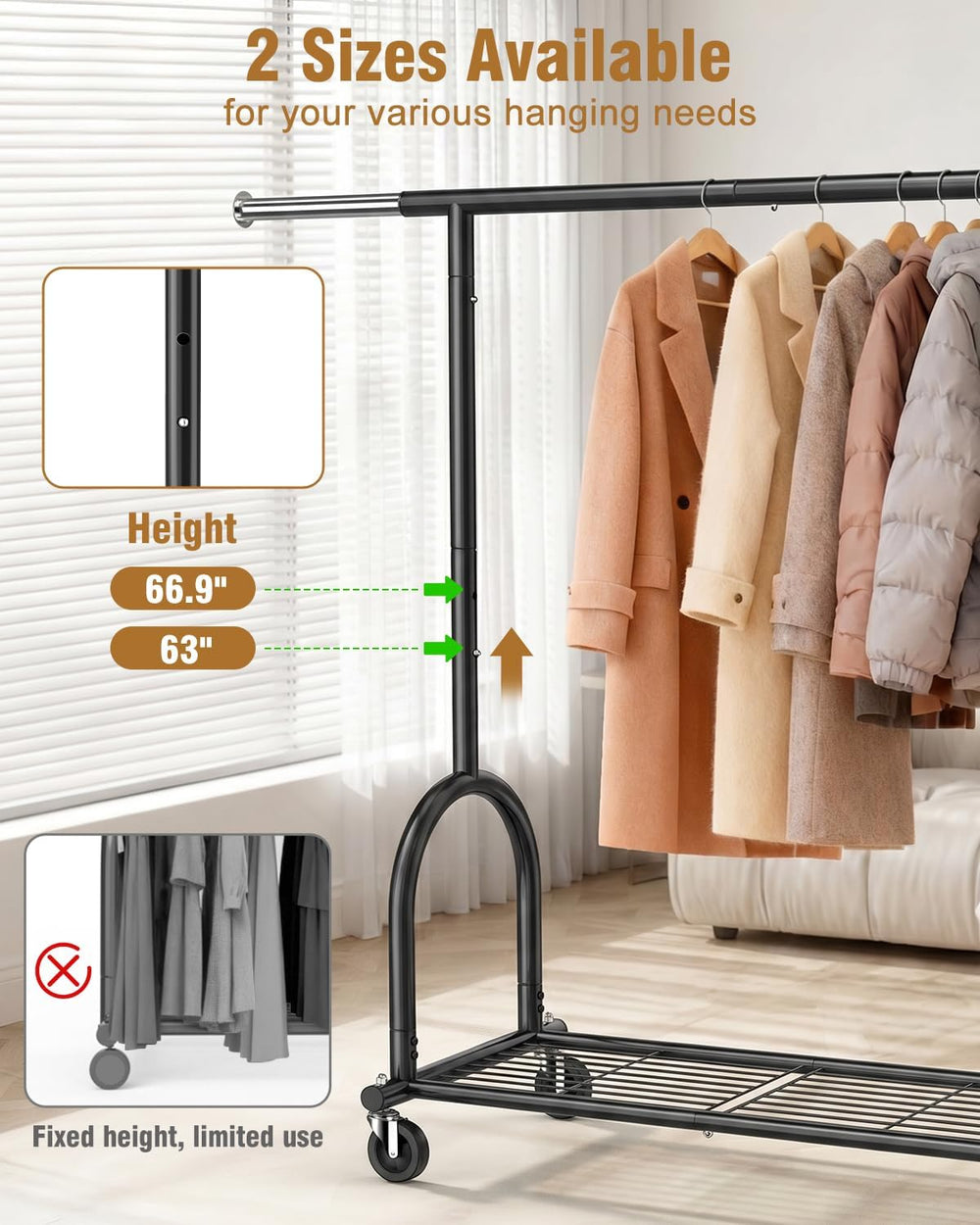 EAGMAK Rolling Clothes Rack Heavy Duty Clothing Racks with Wheels, Black