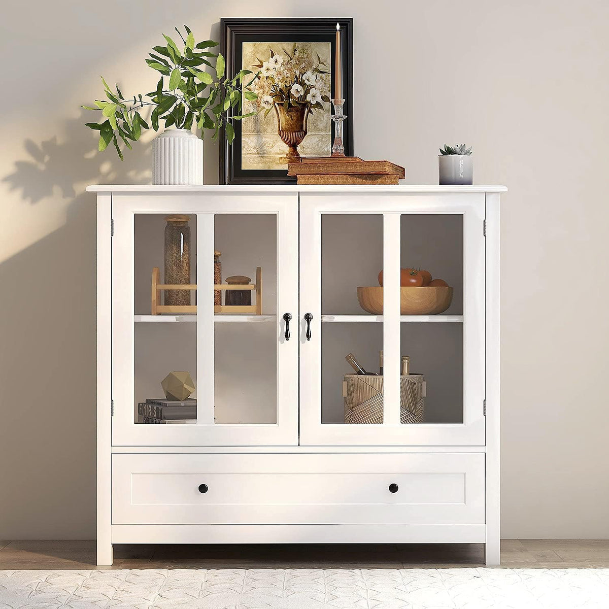 RASOO White Modern Buffet Cabinet with Double Glass Doors
