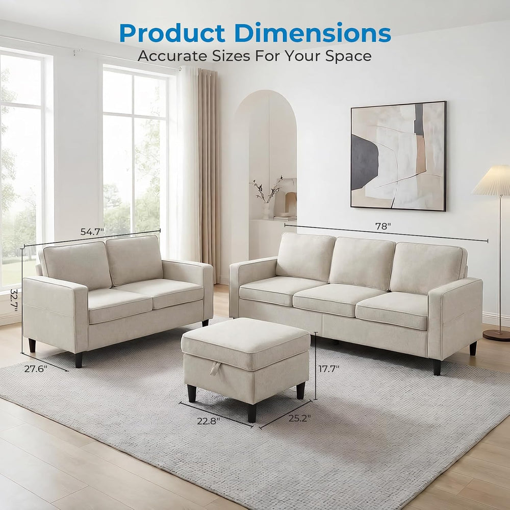Mjkone 78" Width 3 Pieces Sofa Couches Set for Living Room Sets Furnitur...