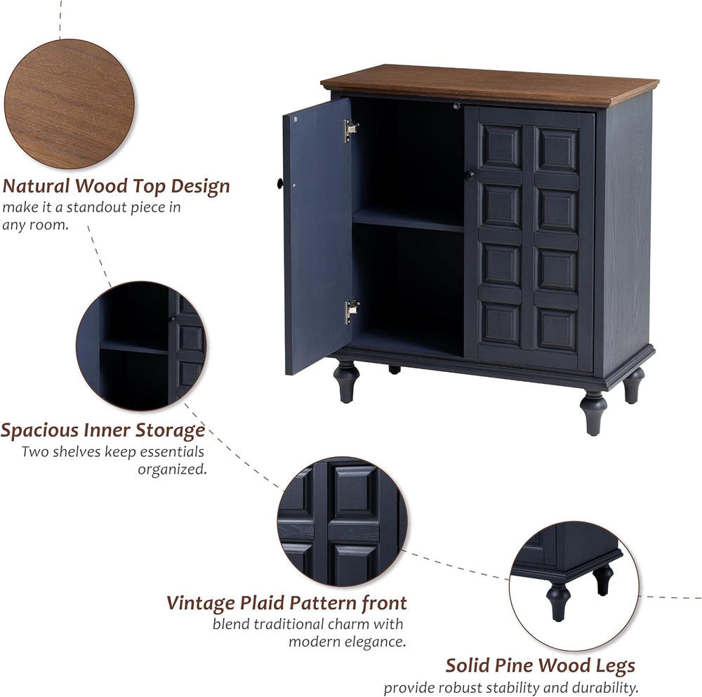 Aoikax Retro 2 Door Storage Cabinet, Dark Blue, Natural Wood