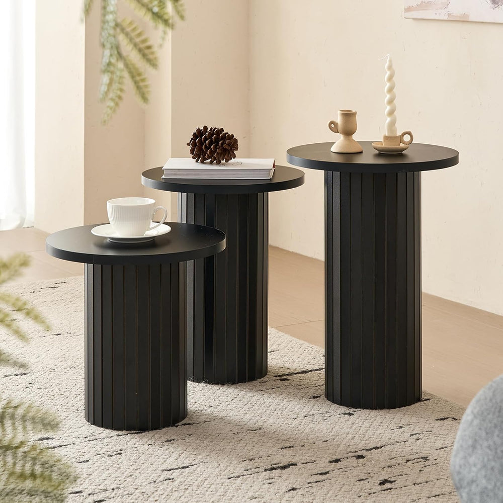 3-Piece Nesting Coffee Table Set Small Round Side Tables, Black