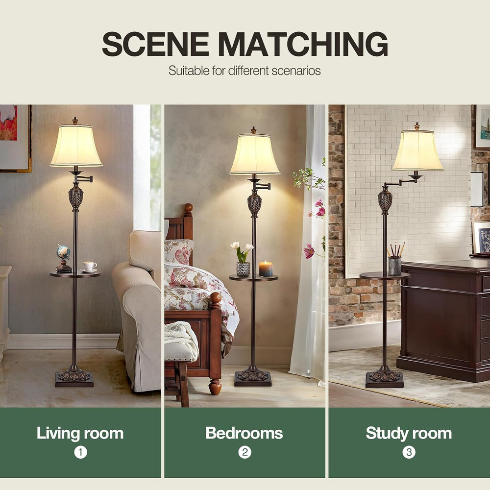 Traditional Floor Lamp with Tray, Remote Dimmable, 350° Swing Arm and Brown