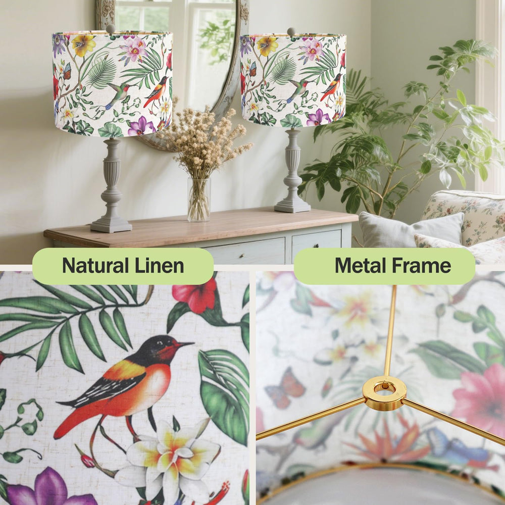 Drum Lampshades, Print Floral Linen Lamp Shade with Golden Frame