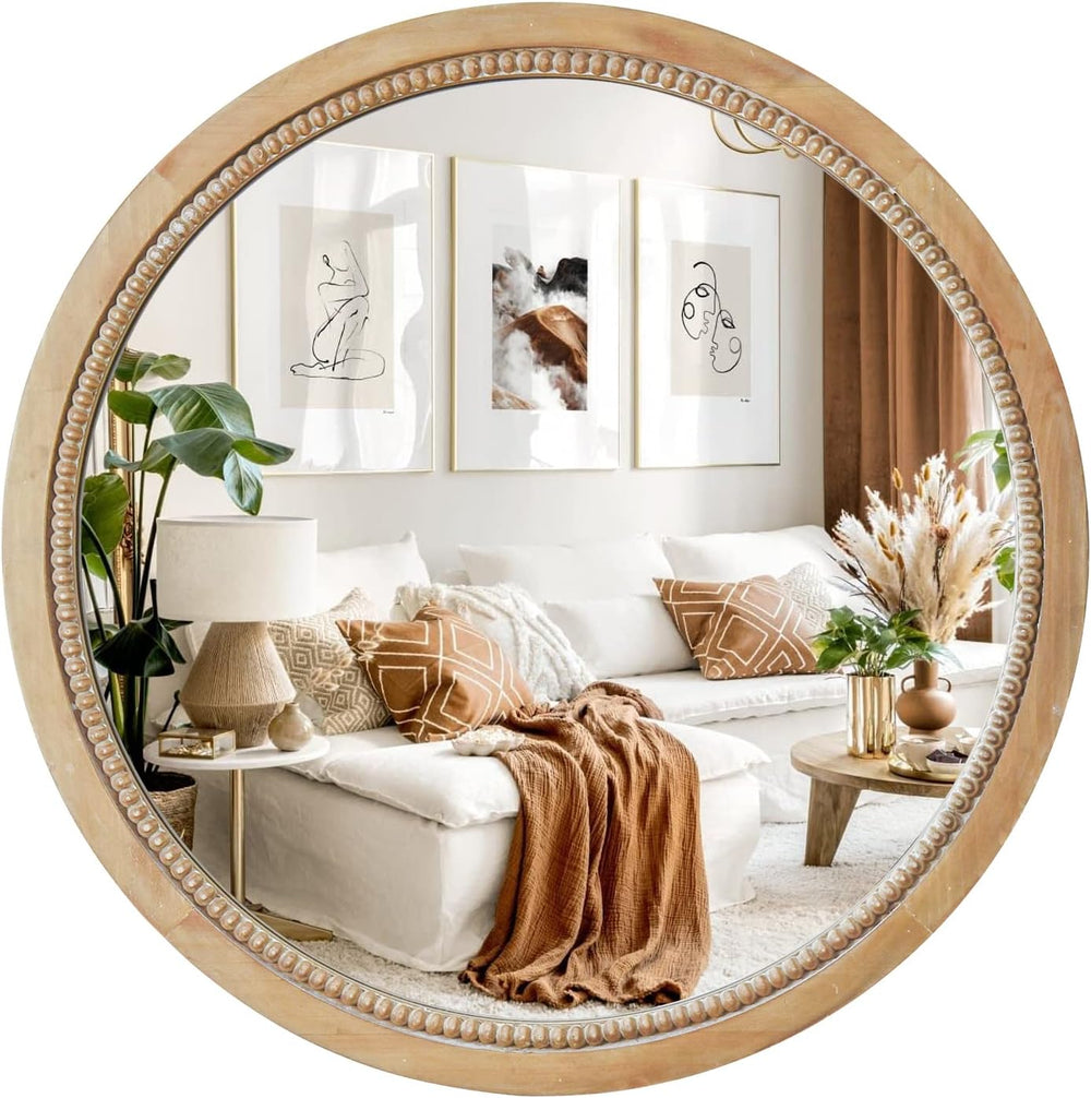 Round Wood Mirror,18" Circle Farmhouse Vanity Boho Bathroom Wall Mirrors