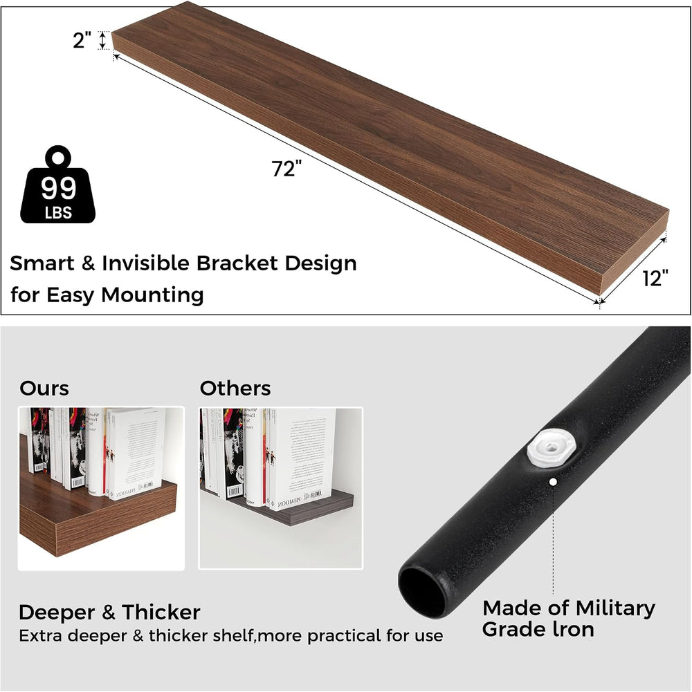 72 Inch Floating Shelves for Wall, 12"D Wood Storage Shelves, Walnut Finish