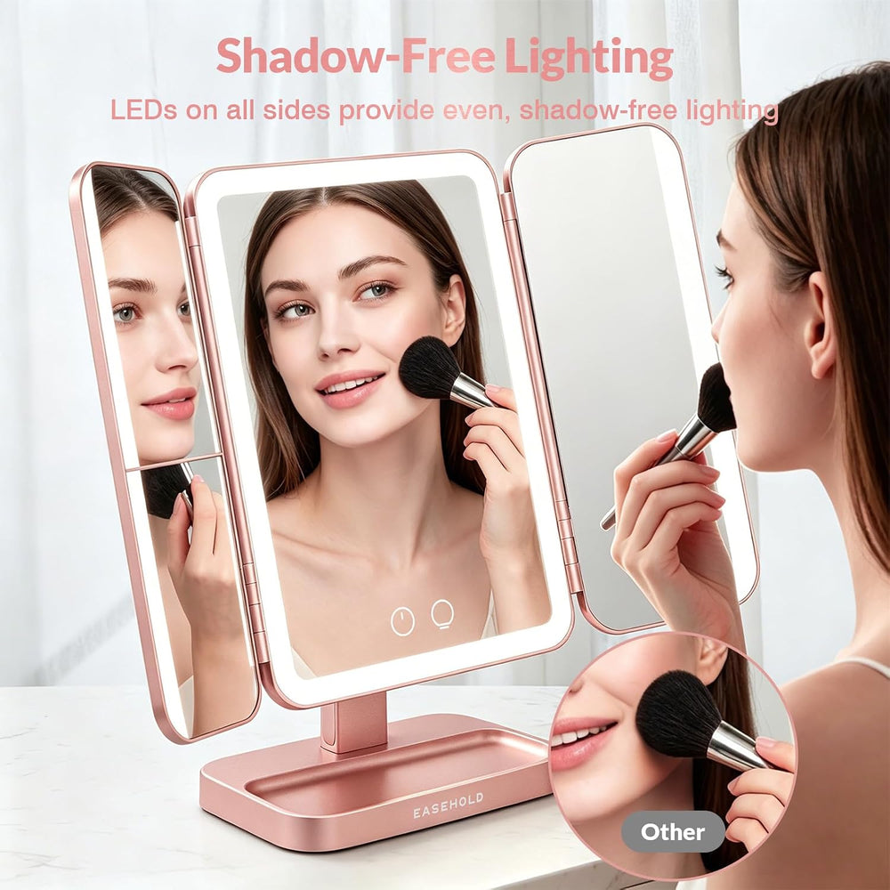 EASEHOLD Trifold Lighted Makeup Vanity Mirror with Lights and Magnification