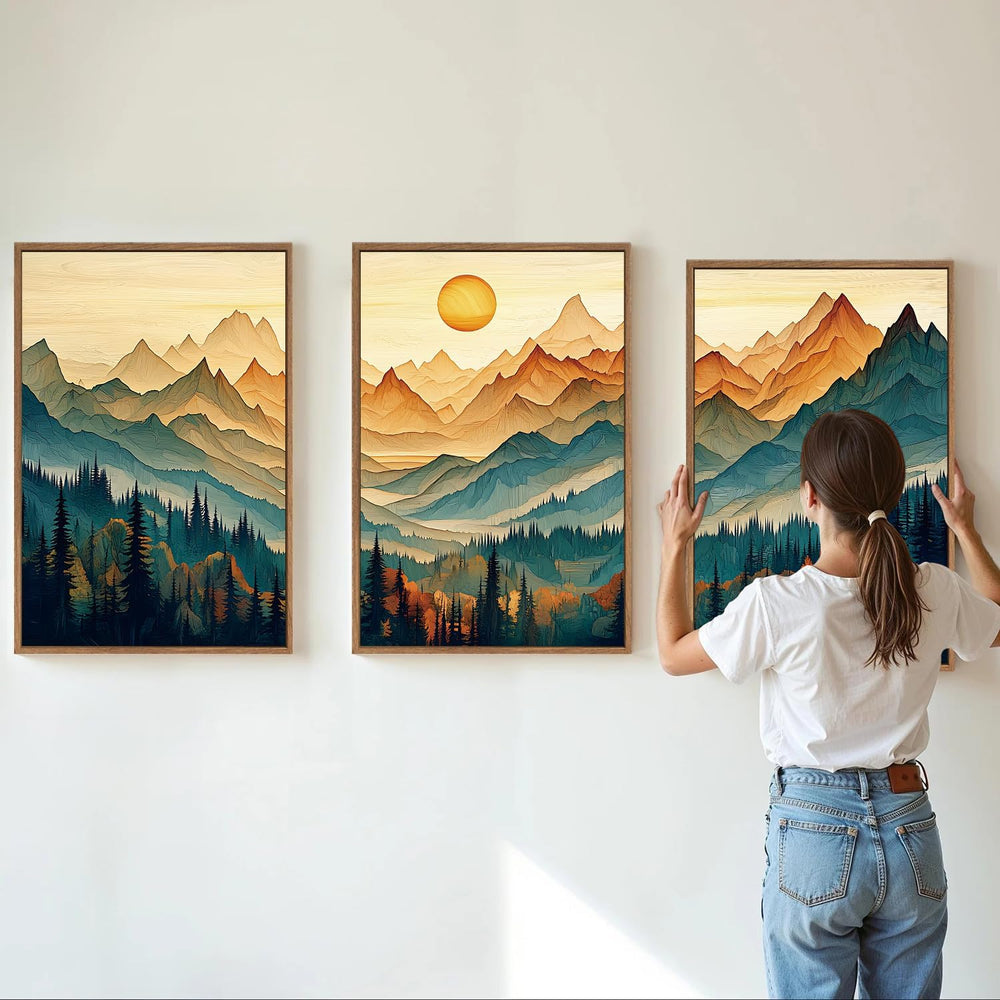 Tinonedraw Large Mountain Framed Canvas Wall Art Set of 3, Boho Nature Forest...