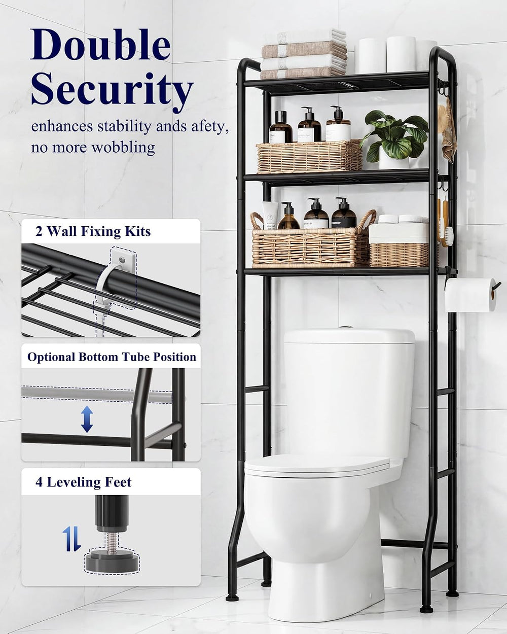 Kitsure Over Toilet Storage Rack, 63.2" H Space-Saving, Holder & Hooks