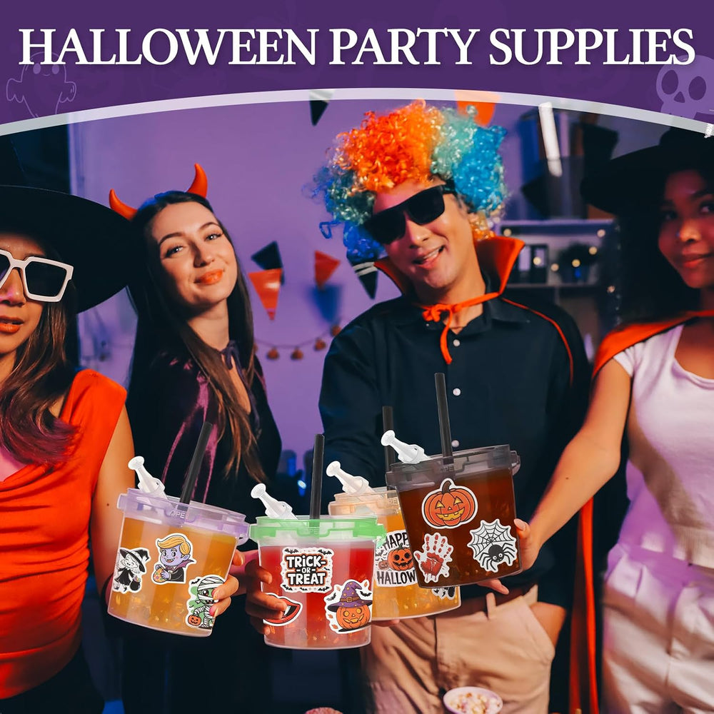 Funnymoom 16 Set Halloween Drink Bucket Cups with Lids and Straw, 34oz
