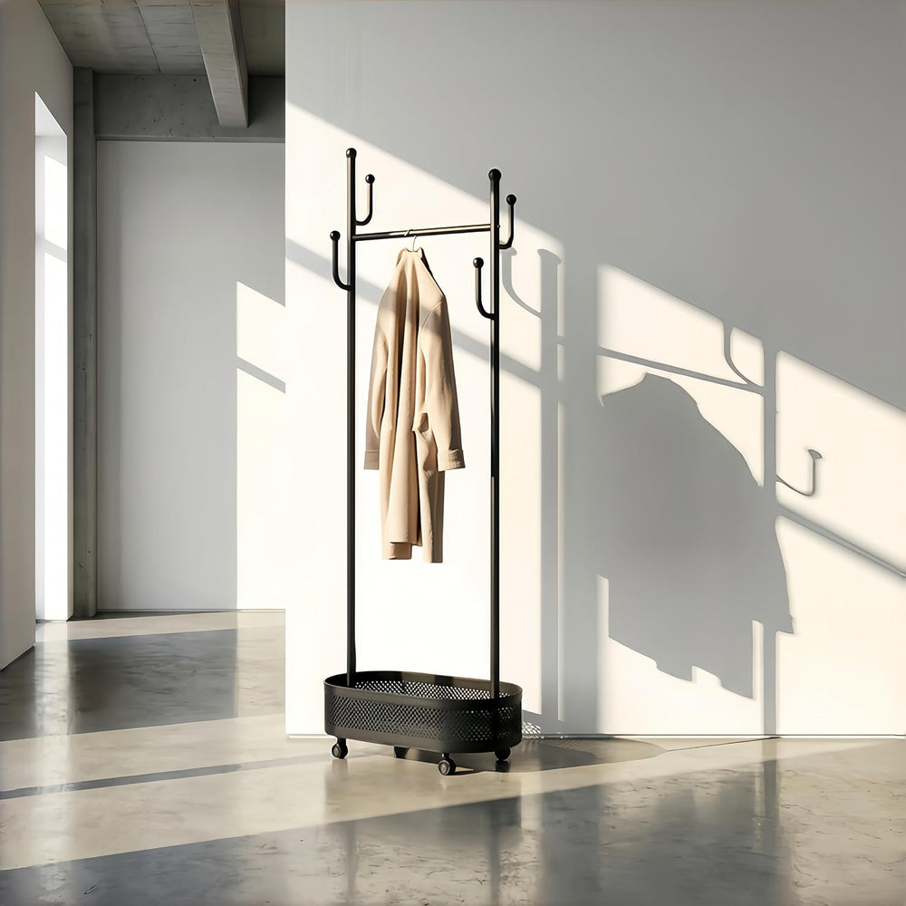 Black Wheeled Cactus Metal Coat Rack Freestanding Garment Organizer
