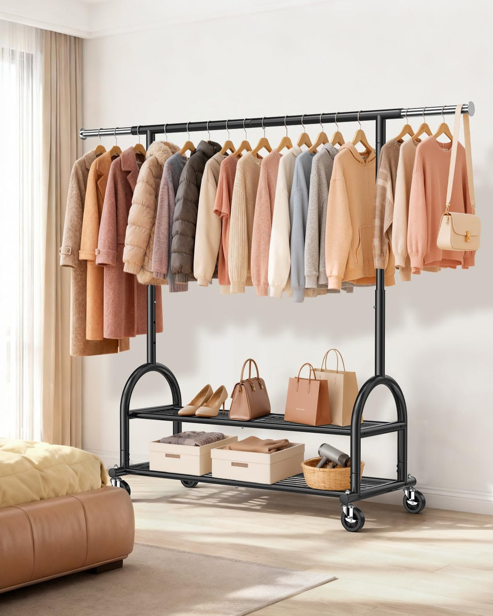 EAGMAK Rolling Clothes Rack Heavy Duty Clothing Racks with 2 Shelves, Black