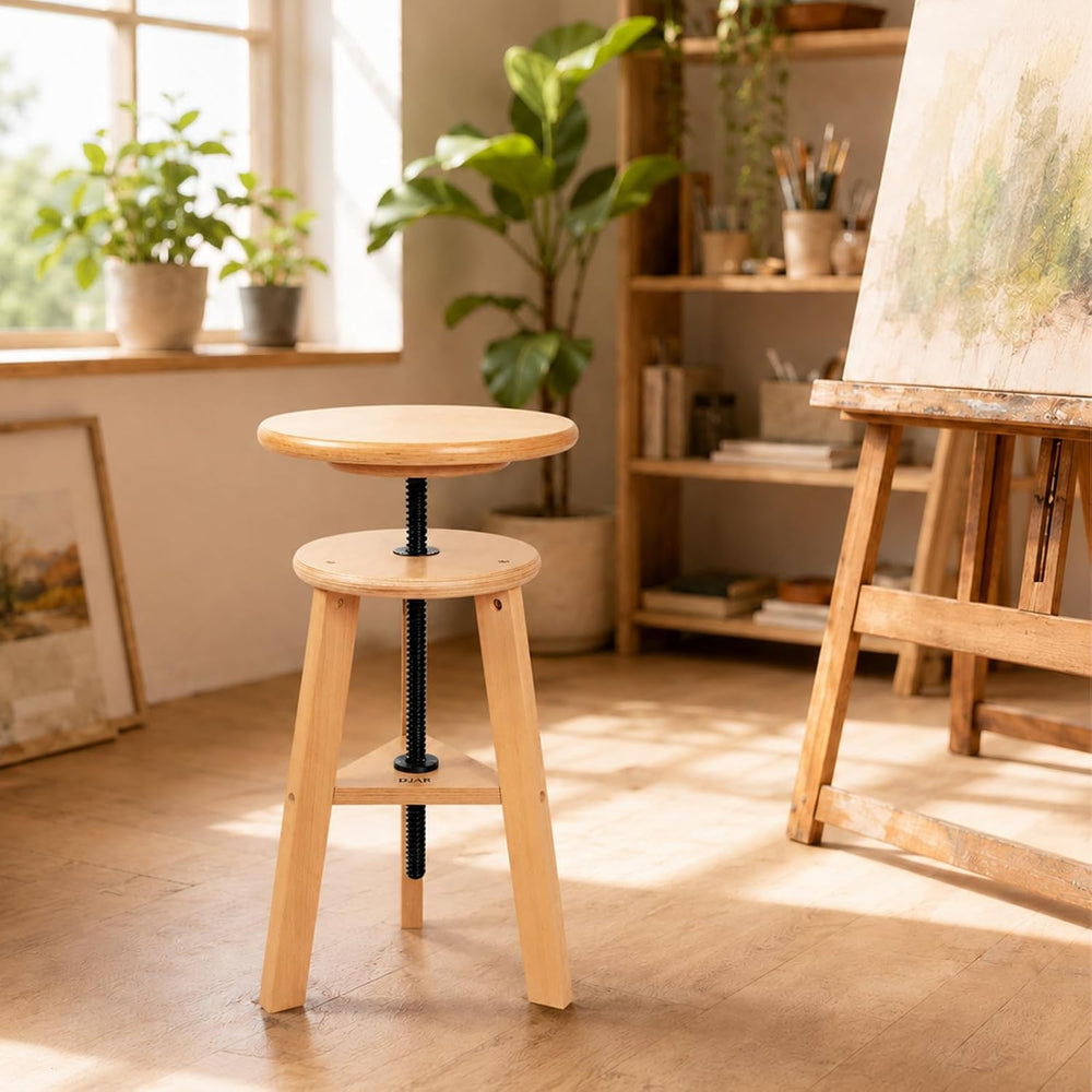 DJAR Wooden Drafting Stool with Adjustable Height for Art Studio, Natural