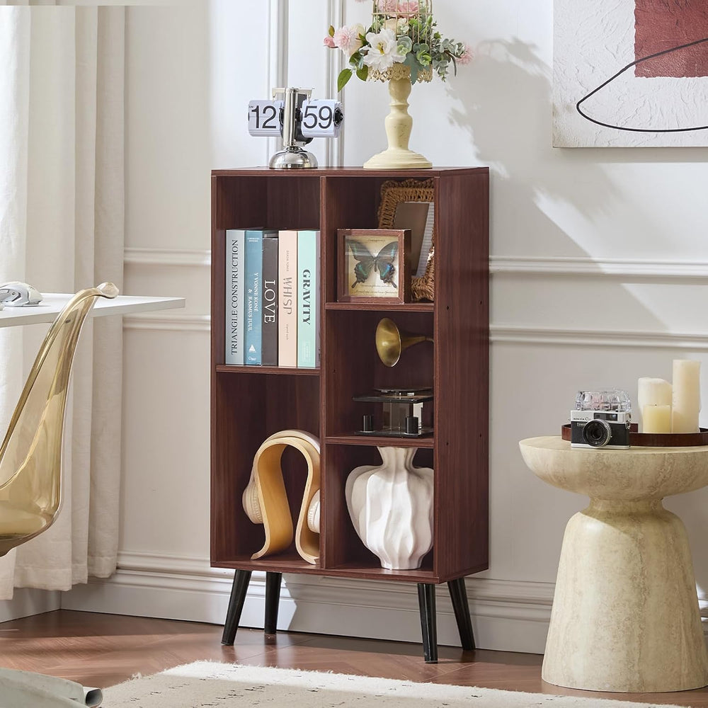 LEYAOYAO 5 Cube Bookshelf, Mid-Century Modern Book Shelf with Legs, Walnut