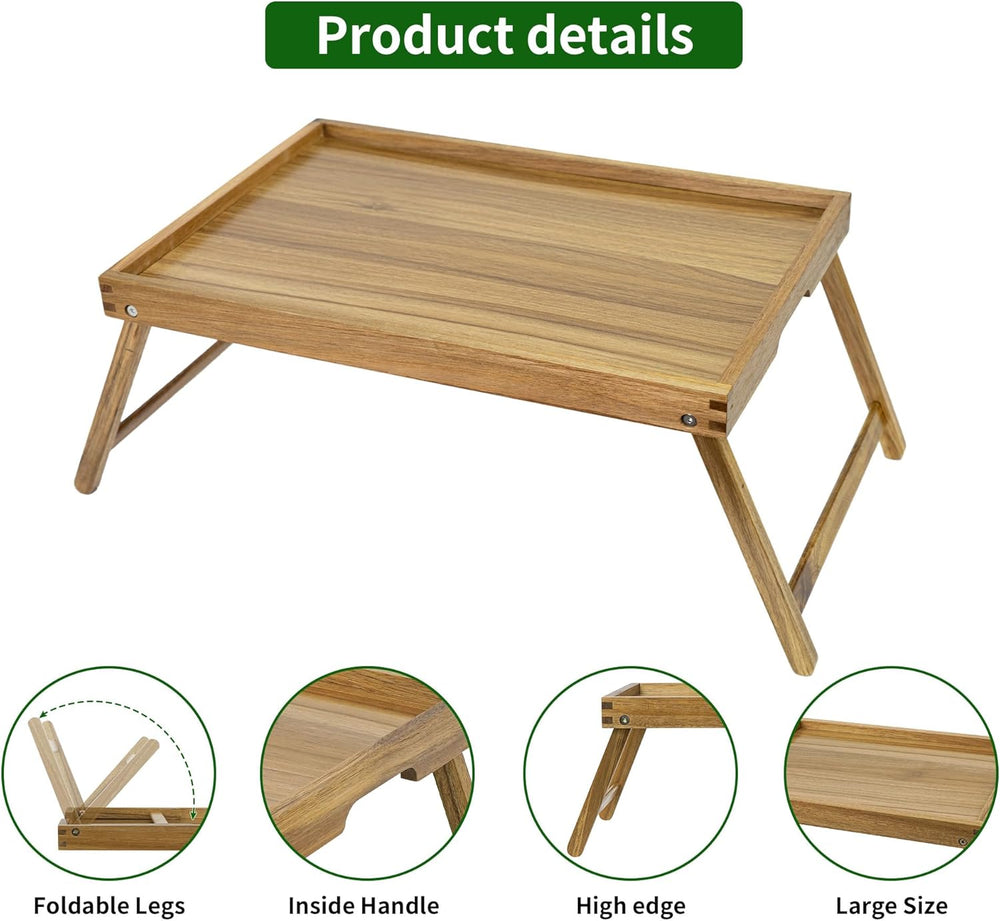 VaeFae Acacia Bed Tray Table with Folding Legs, Extra Large