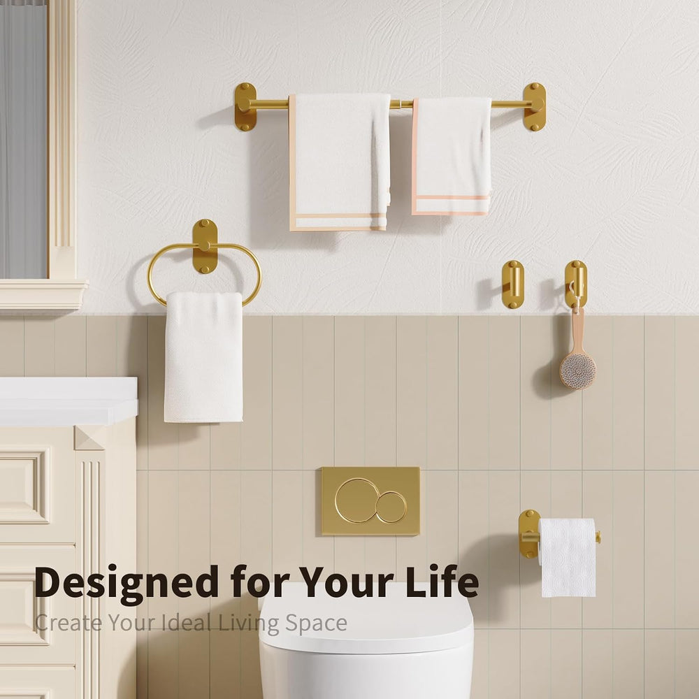 5-Piece Bathroom Hardware Set, Adhesive or Drill Wall Mount, Gold